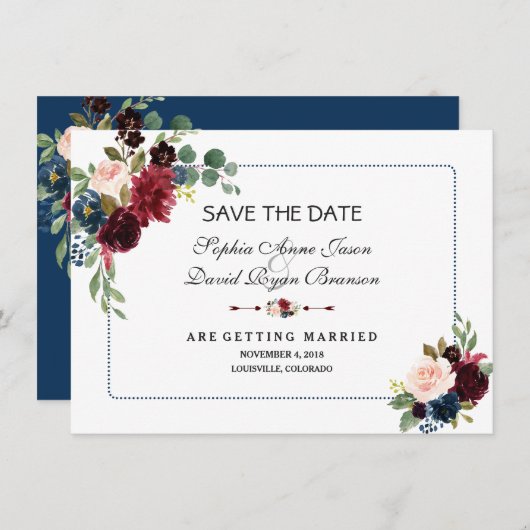 Save The Date Burgundy Navy Blue Floral Frame Enregistrer La Dat (Devant / Derrière)