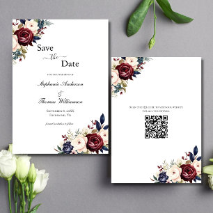 Save The Date Burgundy Navy Cream Floral Elegant Code QR moderne