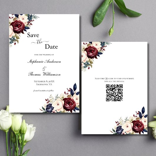 Save The Date Burgundy Navy Cream Floral Elegant Code QR moderne