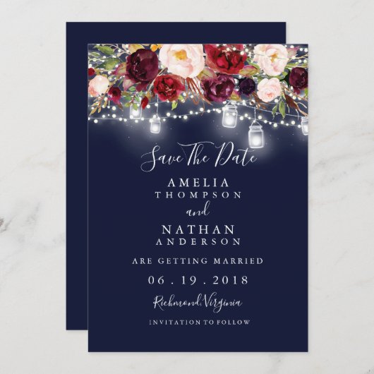 Save The Date Burgundy Navy Lumières Florales Mariage Enregistre (Devant / Derrière)