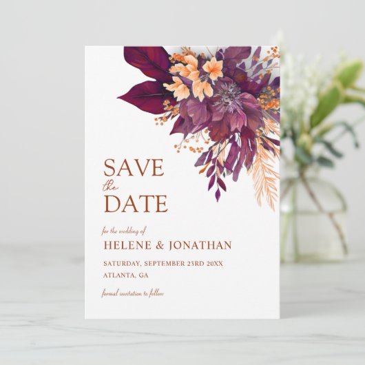 Save The Date Burgundy Orange Terracotta Floral Mariage élégant (Debout devant)