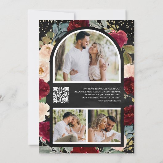 Save The Date Burgundy Peach Floral Photo Black QR Code Mariage (Dos)