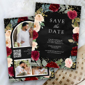 Save The Date Burgundy Peach Floral Photo Black QR Code Mariage