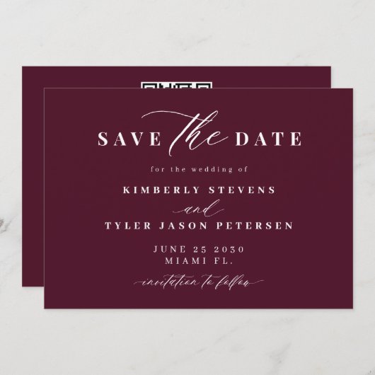 Save The Date Burgundy QR code simple elegant wedding (Devant / Derrière)
