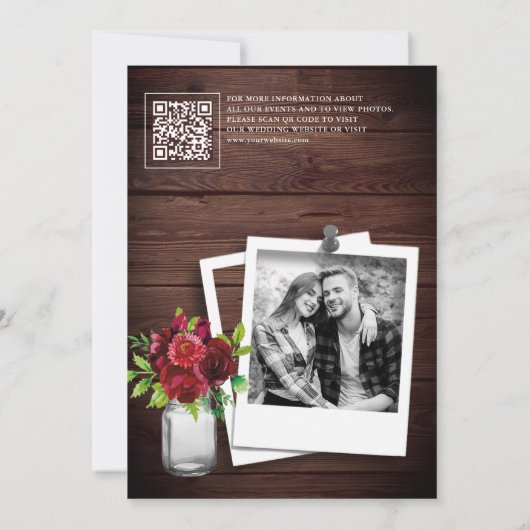 Save The Date Burgundy Red Floral Wood QR Code Mariage Photo (Dos)