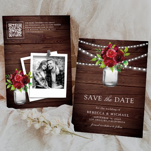 Save The Date Burgundy Red Floral Wood QR Code Mariage Photo