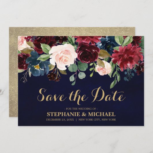 Save The Date Burgundy Red Navy Floral Rustic Boho Enregistrer l (Devant / Derrière)