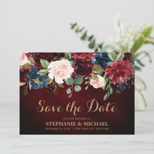 Save The Date Burgundy Red Navy Floral Rustic Boho Enregistrer l (Debout devant)