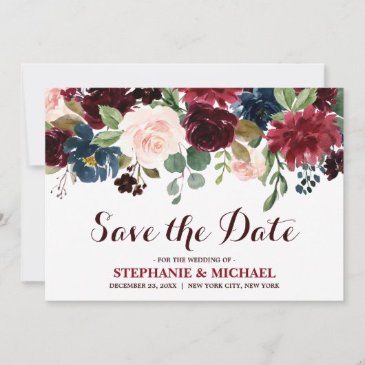 Save The Date Burgundy Red Navy Floral Rustic Boho Enregistrer l (Devant)