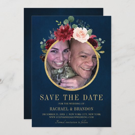 Save The Date Burgundy Red Navy Floral Rustic Boho Photo (Devant / Derrière)