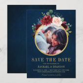 Save The Date Burgundy Red Navy Floral Rustic Boho Photo (Devant / Derrière)