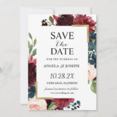 Save The Date Burgundy Rouge Bleu Floral moderne Mariage Glam (Devant)