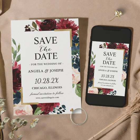 Save The Date Burgundy Rouge Bleu Floral moderne Mariage Glam