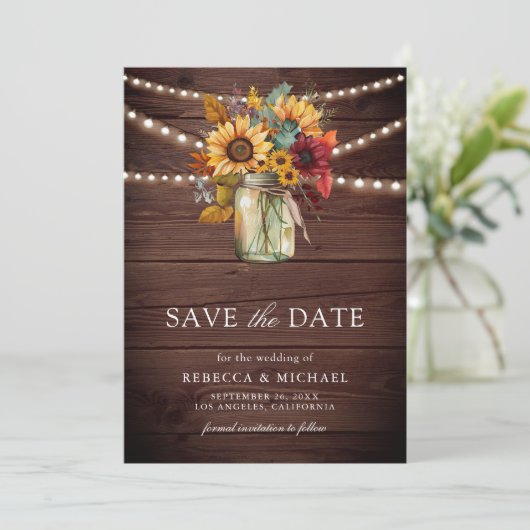 Save The Date Burgundy Sunflowers Wood QR Code Mariage Photo (Debout devant)