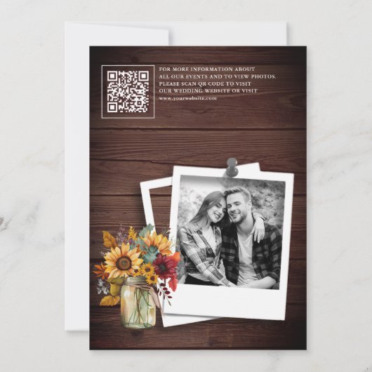 Save The Date Burgundy Sunflowers Wood QR Code Mariage Photo (Dos)