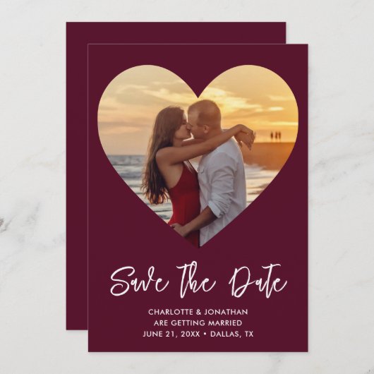 Save The Date Burgundy & White Heart Cutout Mariage Photo (Devant / Derrière)