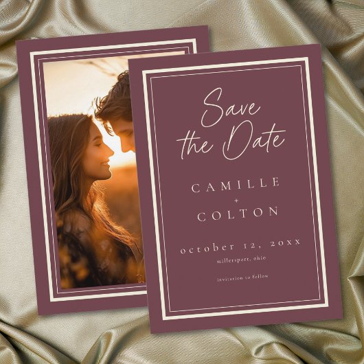 Save The Date Burgundy Wine Minimalist Frame Wedding Photo
