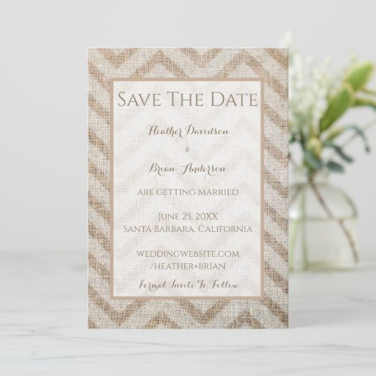 Save The Date Burlap Chevron Enregistrer La Date Annonce (Debout devant)