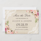 Save The Date Burlap en ivoire de dentelle florale rustique Enre (Devant)
