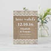 Save The Date Burlap Lace Mariage rustique Enregistrer les Dates (Debout devant)