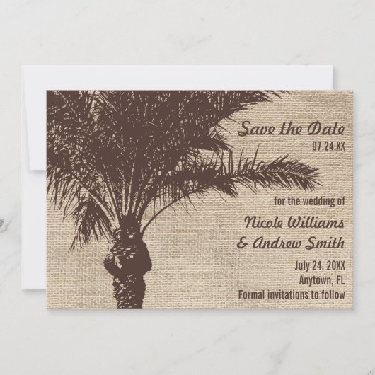 Save The Date Burlap Palm Tree Brown Enregistrer la date annonce (Devant)