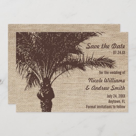 Save The Date Burlap Palm Tree Brown Enregistrer la date annonce (Devant / Derrière)