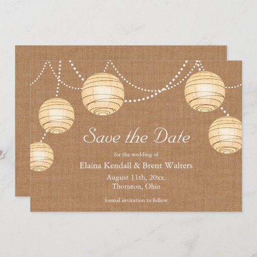 Save The Date Burlap Party Lanterns Enregistrer la date Invitati (Devant / Derrière)