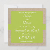 Save The Date Burlap Rustique Jaune Vert et Beige Enregistrer la (Dos)