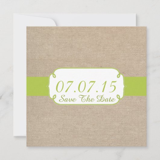 Save The Date Burlap Rustique Jaune Vert et Beige Enregistrer la (Devant)