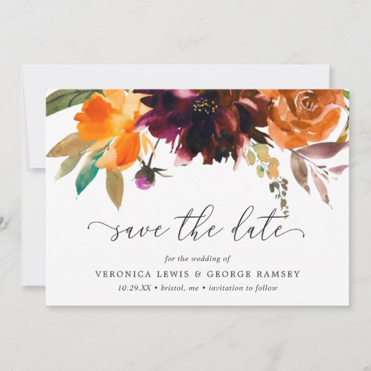 Save The Date Burnt Orange Fall Floral Rustique Elégant Mariage (Devant)