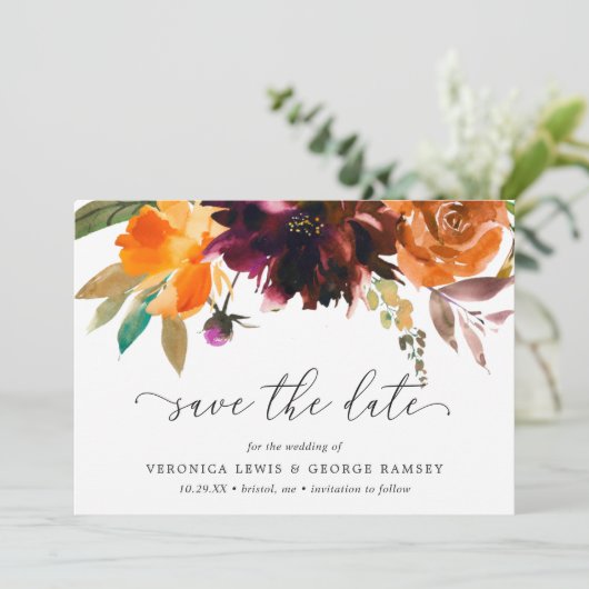 Save The Date Burnt Orange Fall Floral Rustique Elégant Mariage (Debout devant)