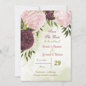 Save The Date cabernet rose fleurs vert feuilles (Devant)