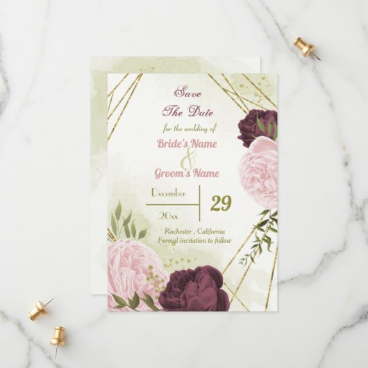Save The Date cabernet rose fleurs vert feuilles (Devant/Arrière en situation)