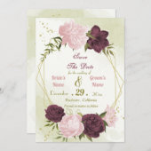 Save The Date cabernet rose fleurs vert feuilles (Devant / Derrière)