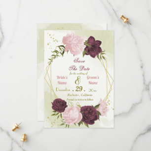 Save The Date cabernet rose fleurs vert feuilles