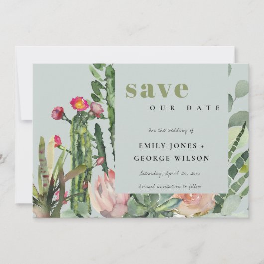 SAVE THE DATE CACTUS DE DÉSERT À FLEURS ROSES GRIS FEUILLAGE AÉQ (Devant)