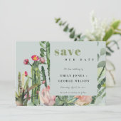 SAVE THE DATE CACTUS DE DÉSERT À FLEURS ROSES GRIS FEUILLAGE AÉQ (Debout devant)