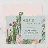 SAVE THE DATE CACTUS DE DÉSERT À FLEURS ROSES GRIS FEUILLAGE AÉQ (Devant / Derrière)