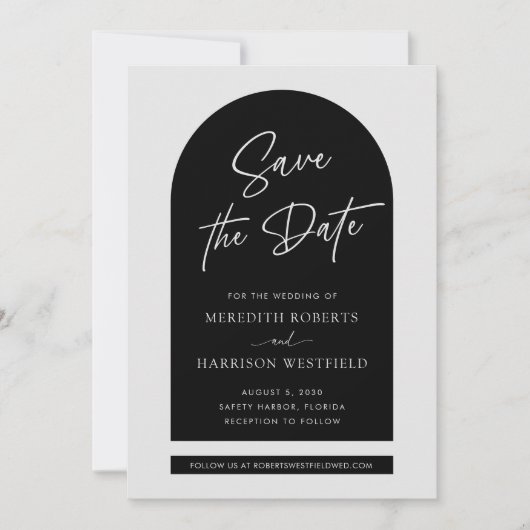 Save The Date Cadre Arc Chic Design Script Mariage noir (Devant)