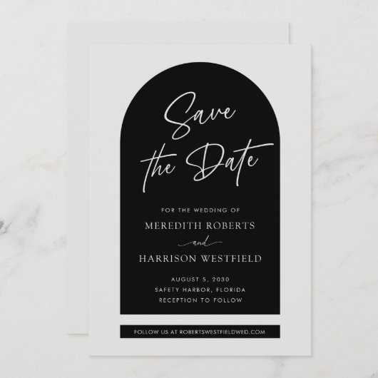 Save The Date Cadre Arc Chic Design Script Mariage noir (Devant / Derrière)