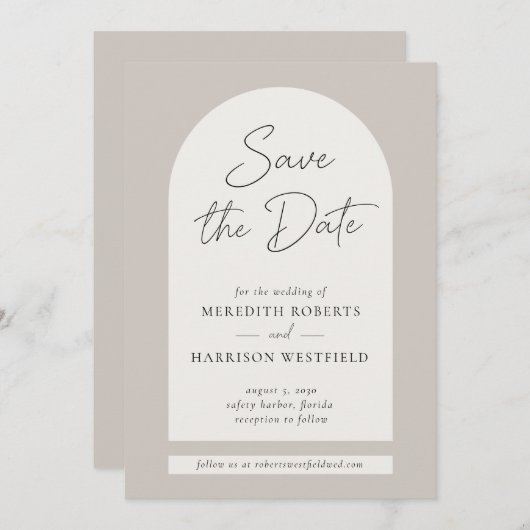 Save The Date Cadre Arc Chic Script Moderne Taupe Ecru Mariage (Devant / Derrière)