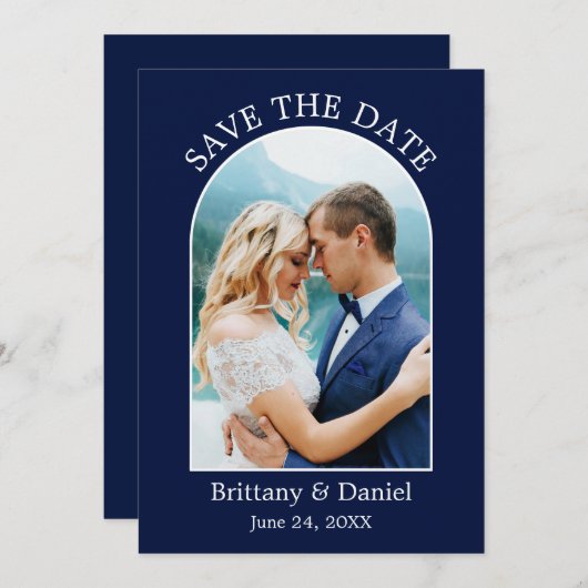 Save The Date Cadre Arch moderne photo bleu (Devant / Derrière)
