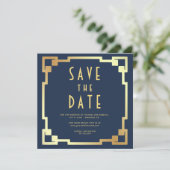 Save The Date Cadre Art Déco Bleu Marine Or Code QR Mariage (Debout devant)