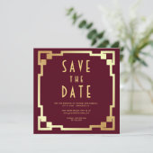Save The Date Cadre Art Déco Bordeaux Or Code QR Mariage (Debout devant)