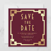 Save The Date Cadre Art Déco Bordeaux Or Code QR Mariage (Devant)