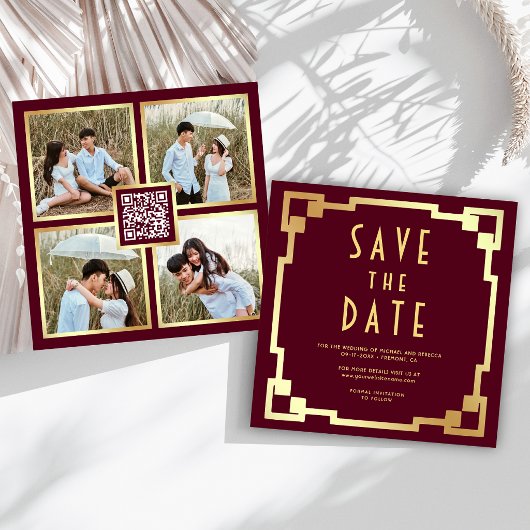 Save The Date Cadre Art Déco Bordeaux Or Code QR Mariage