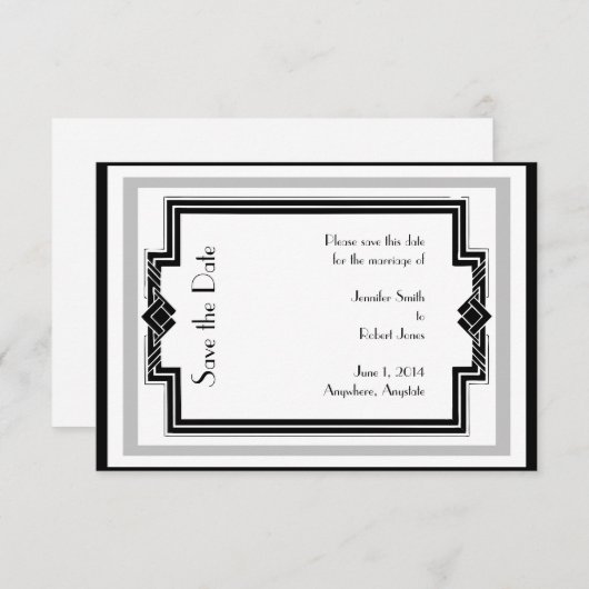 Save The Date Cadre Art déco en argent noir blanc Enregistrer la (Devant / Derrière)