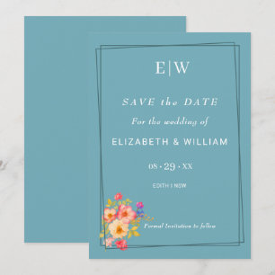 Save The Date Cadre avec Rose, style Mariage sur bleu rétro