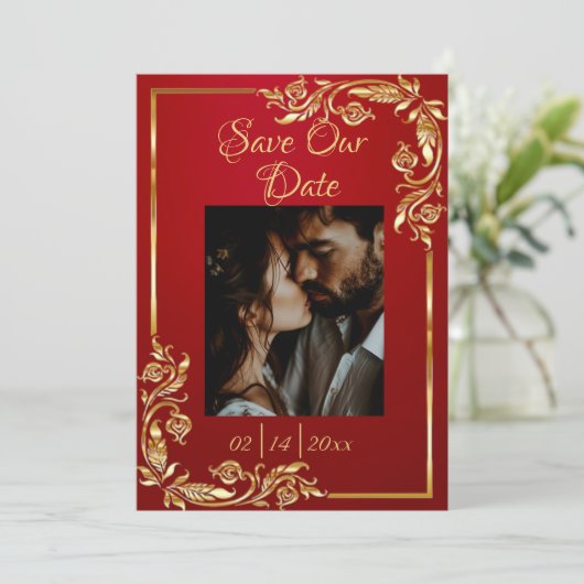 Save The Date Cadre coeur, photo et or sur Crimson (Debout devant)