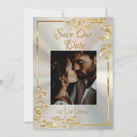 Save The Date Cadre coeur, photo et or sur perle blanche (Devant)